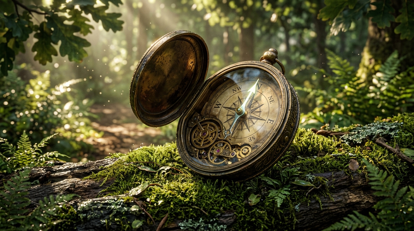 Antique brass compass reflected in Parent Compass